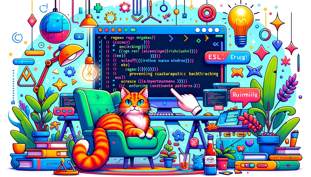 Detective desk with regex patterns on a corkboard and a cat lounging nearby