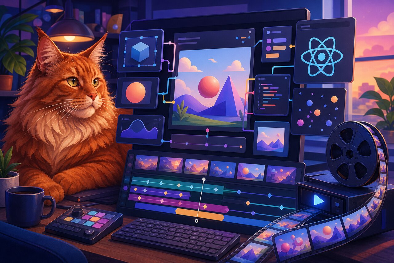 A video editing timeline next to React code on a monitor, with a large red Maine Coon cat resting nearby.