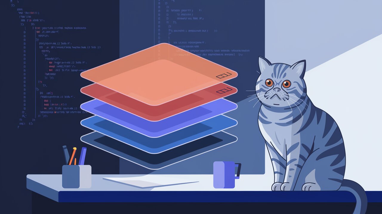 Stacked transparent modal layers in a modern office with code background and a British shorthair cat