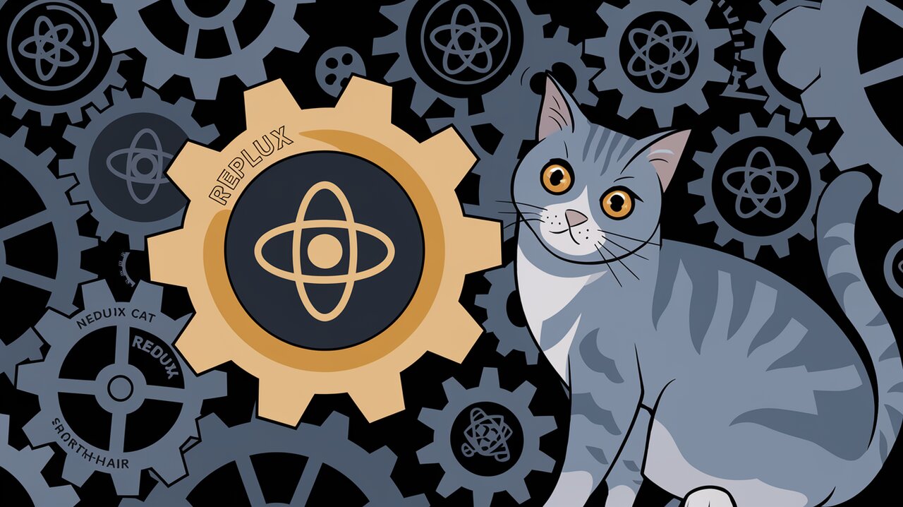 Replux integration with Redux and React, symbolized by interconnected gears