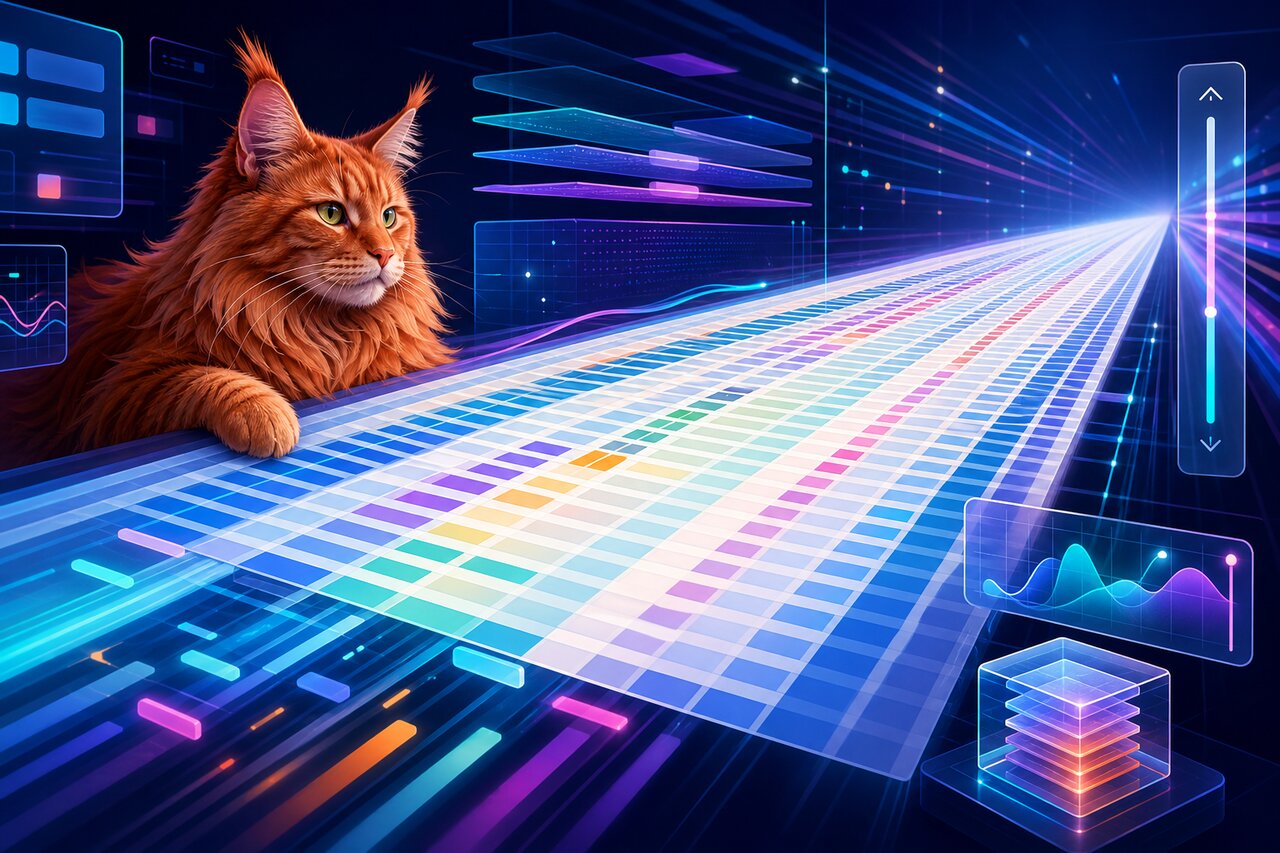 A monitor showing a vast spreadsheet grid with a red Maine Coon cat resting nearby