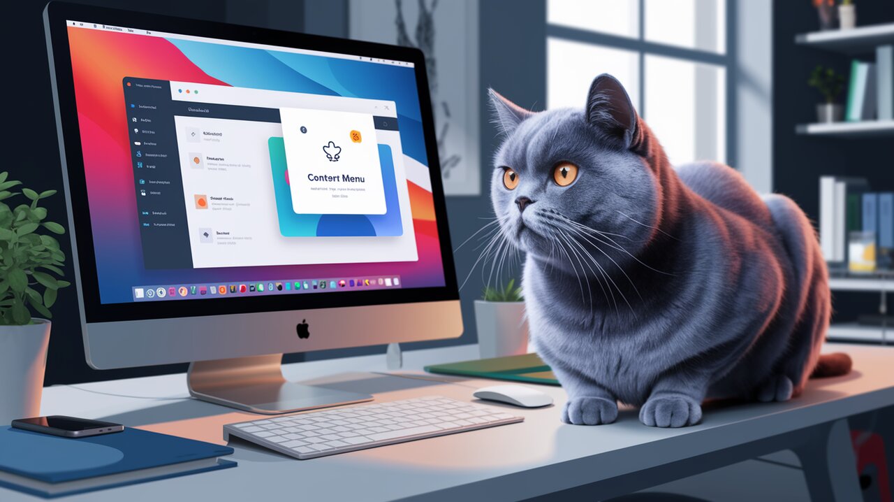 Mantine ContextMenu interface on computer screen with a cat observing