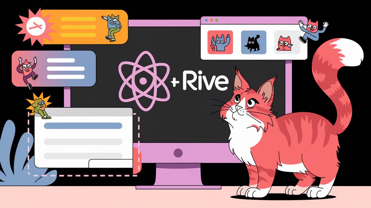 Animated UI elements and logos representing Rive integration with React