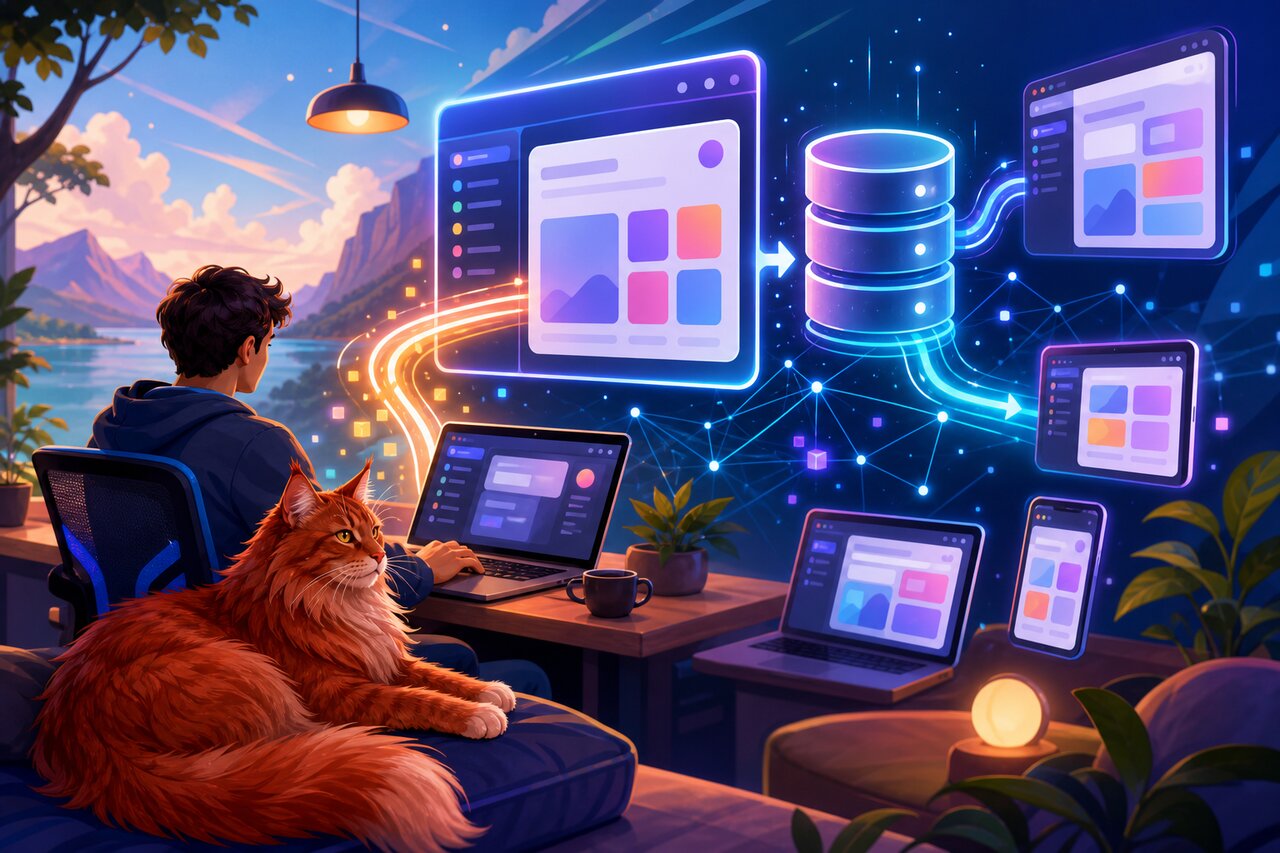 A data control room with light streaming from a database to browser panels, a large red Maine Coon cat resting nearby.