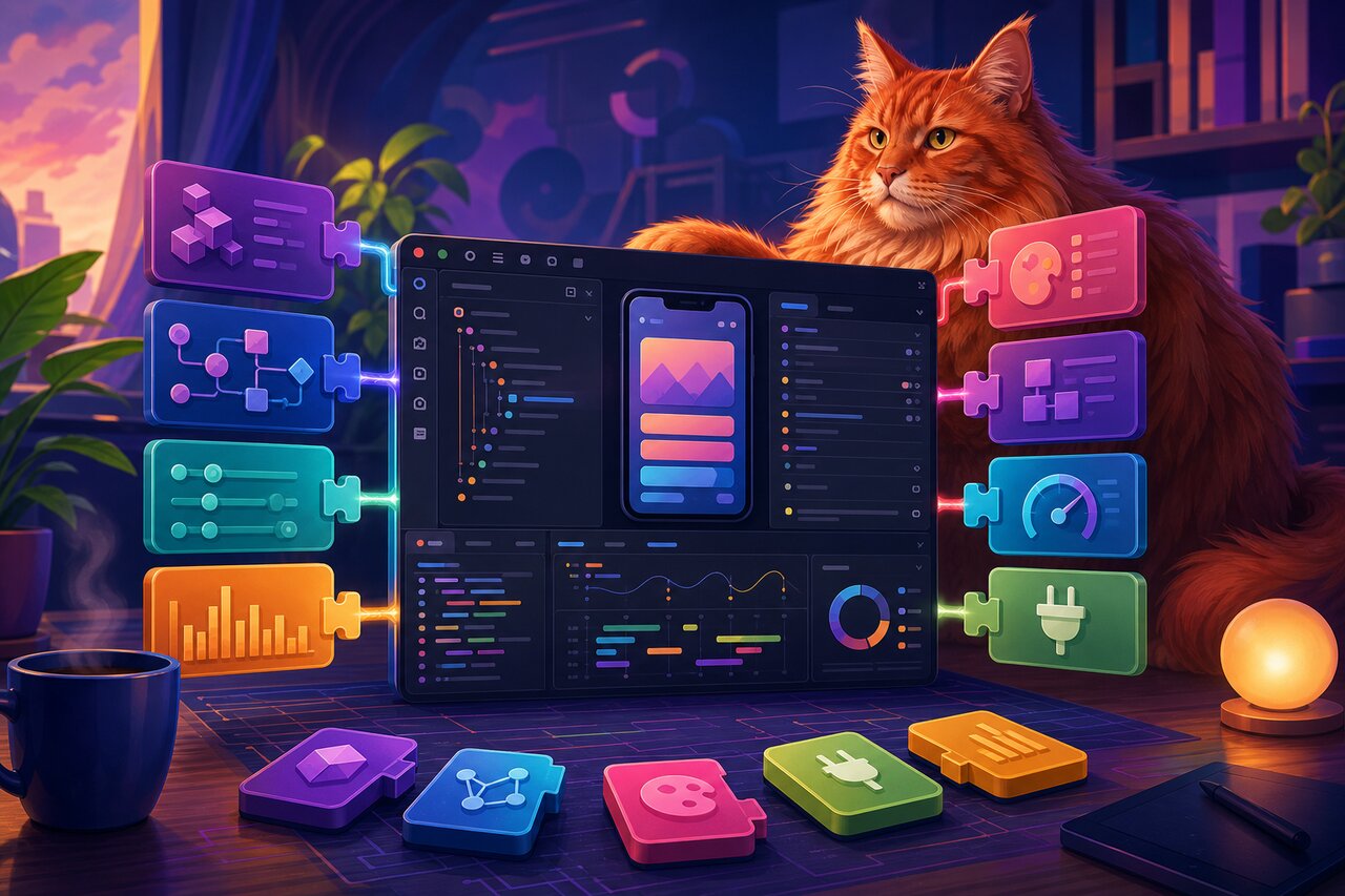A laptop showing layered DevTools panels connected to a phone, with a large red Maine Coon cat resting nearby.