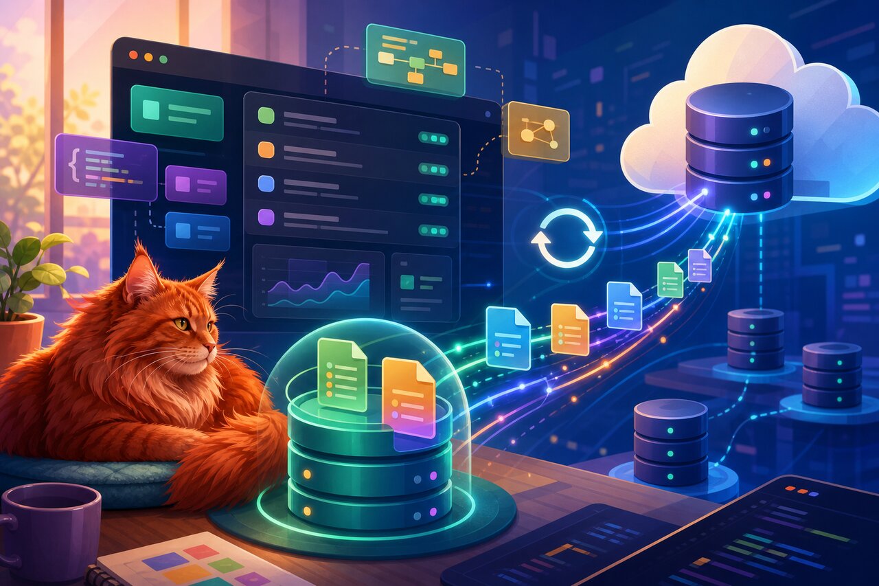 Data sync diagram on a developer's desk with a large red Maine Coon cat resting in the background.
