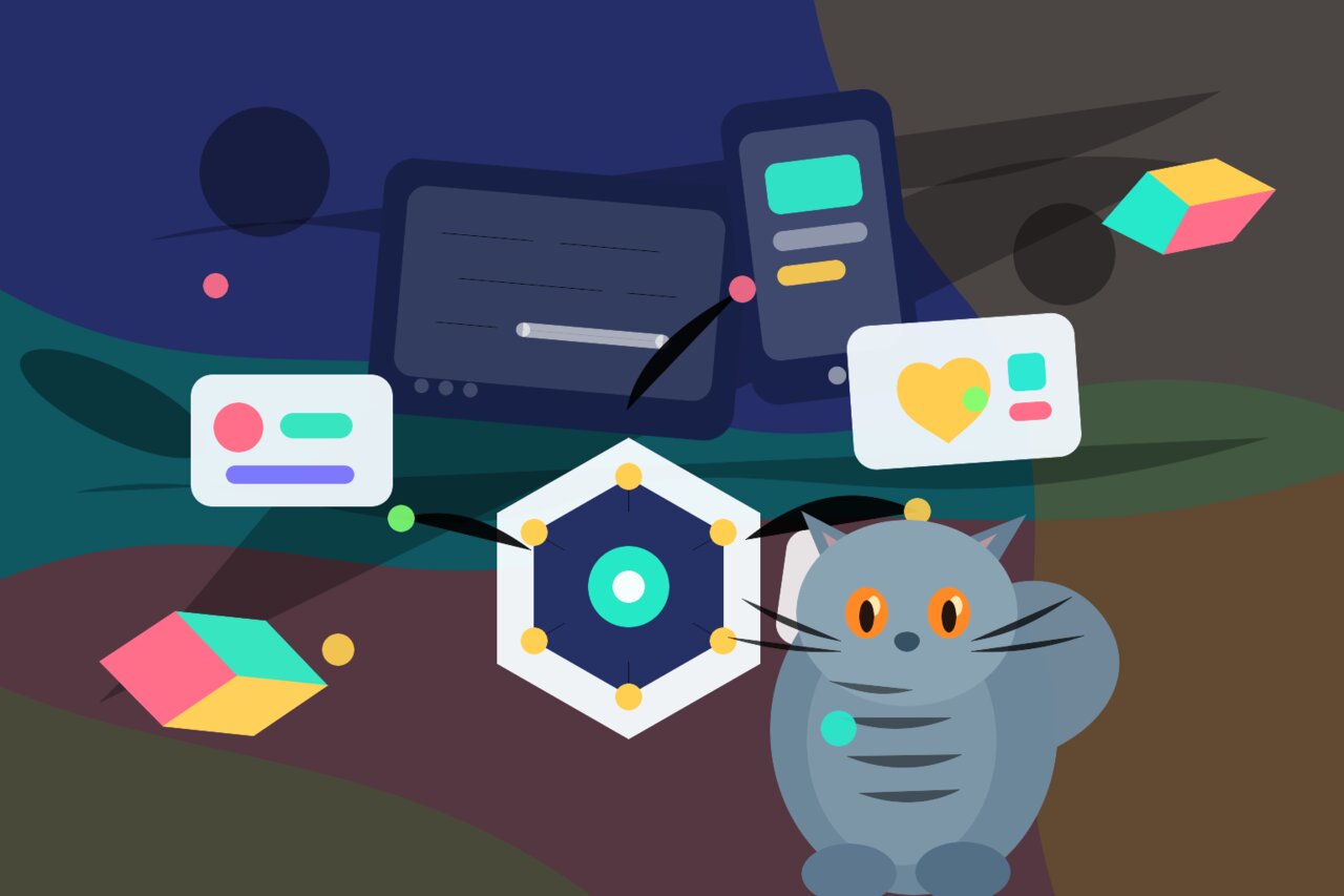 A small robot assembling a modular toolbox from blueprint cards while a gray-blue cat watches from a shelf