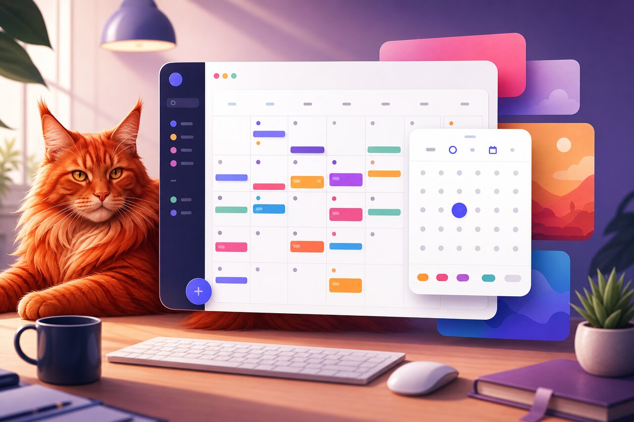 A material-design week calendar on a monitor with a large red maine coon cat resting on the desk nearby.
