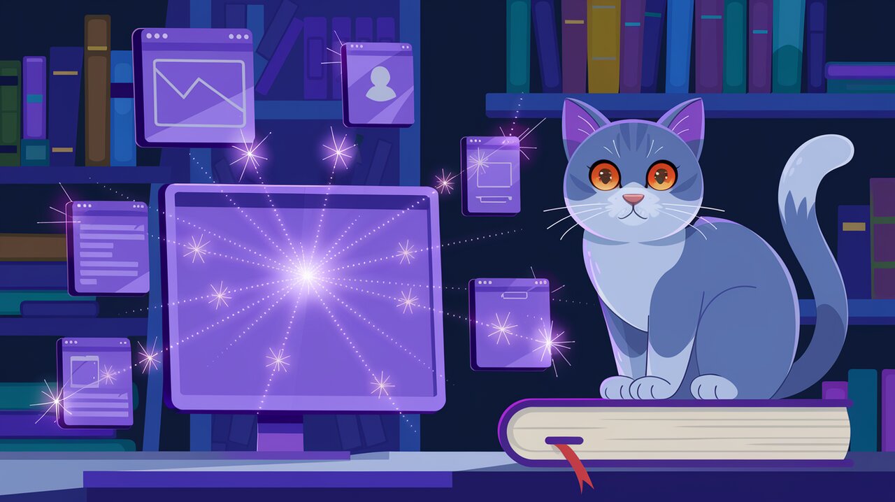 Floating screens connected by light in a magical workshop with a cat