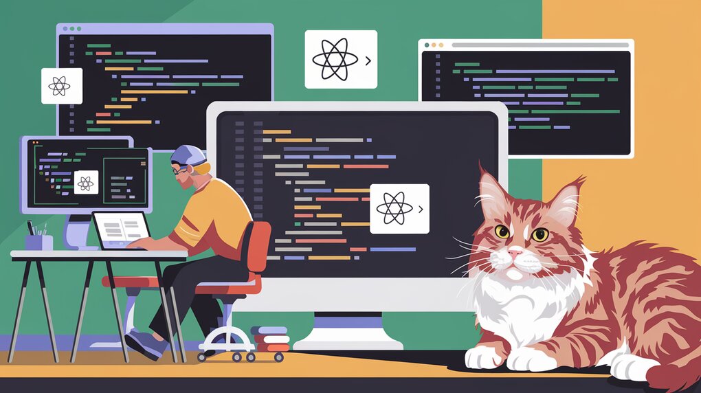 Developers managing scroll behavior in a React application with a red maine coon cat in the background.