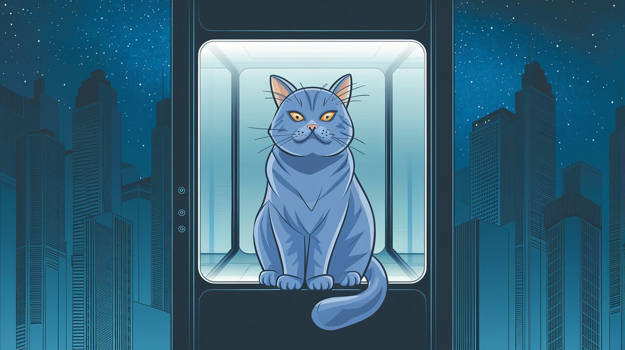 Futuristic cityscape with ascending elevator and a British shorthair cat