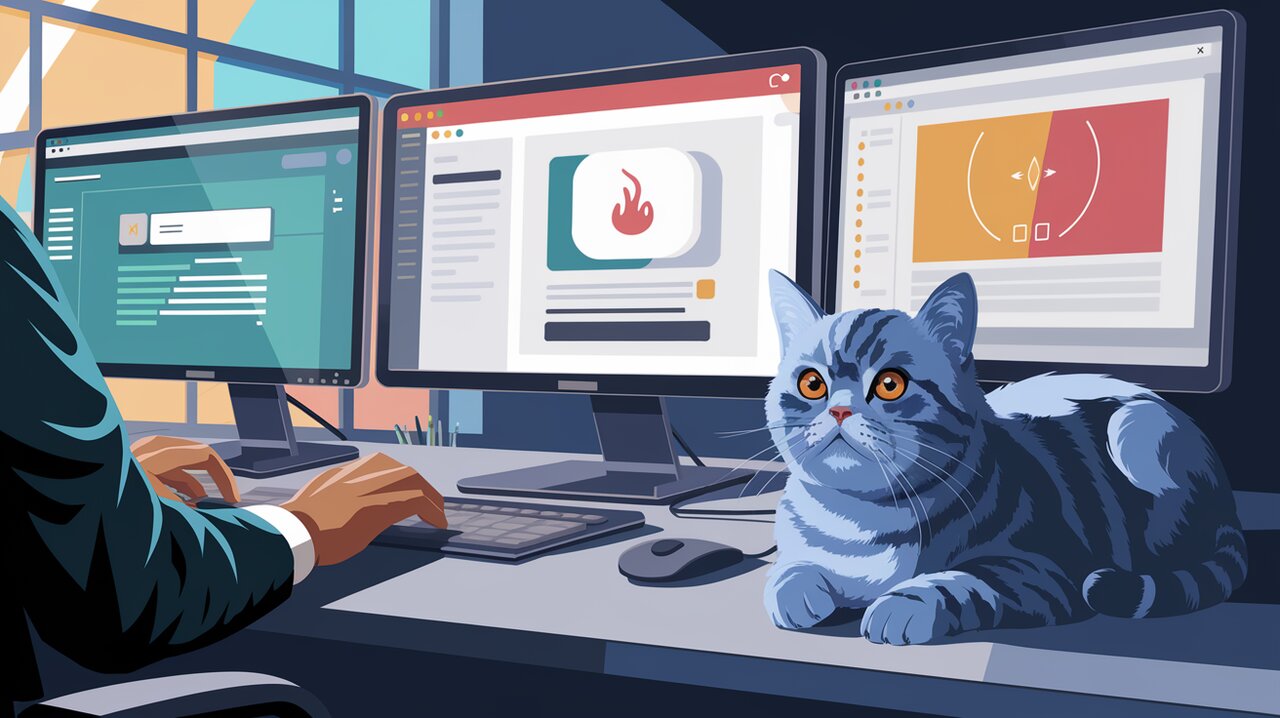 Developer workspace with custom scrollbars on multiple screens and a British shorthair cat