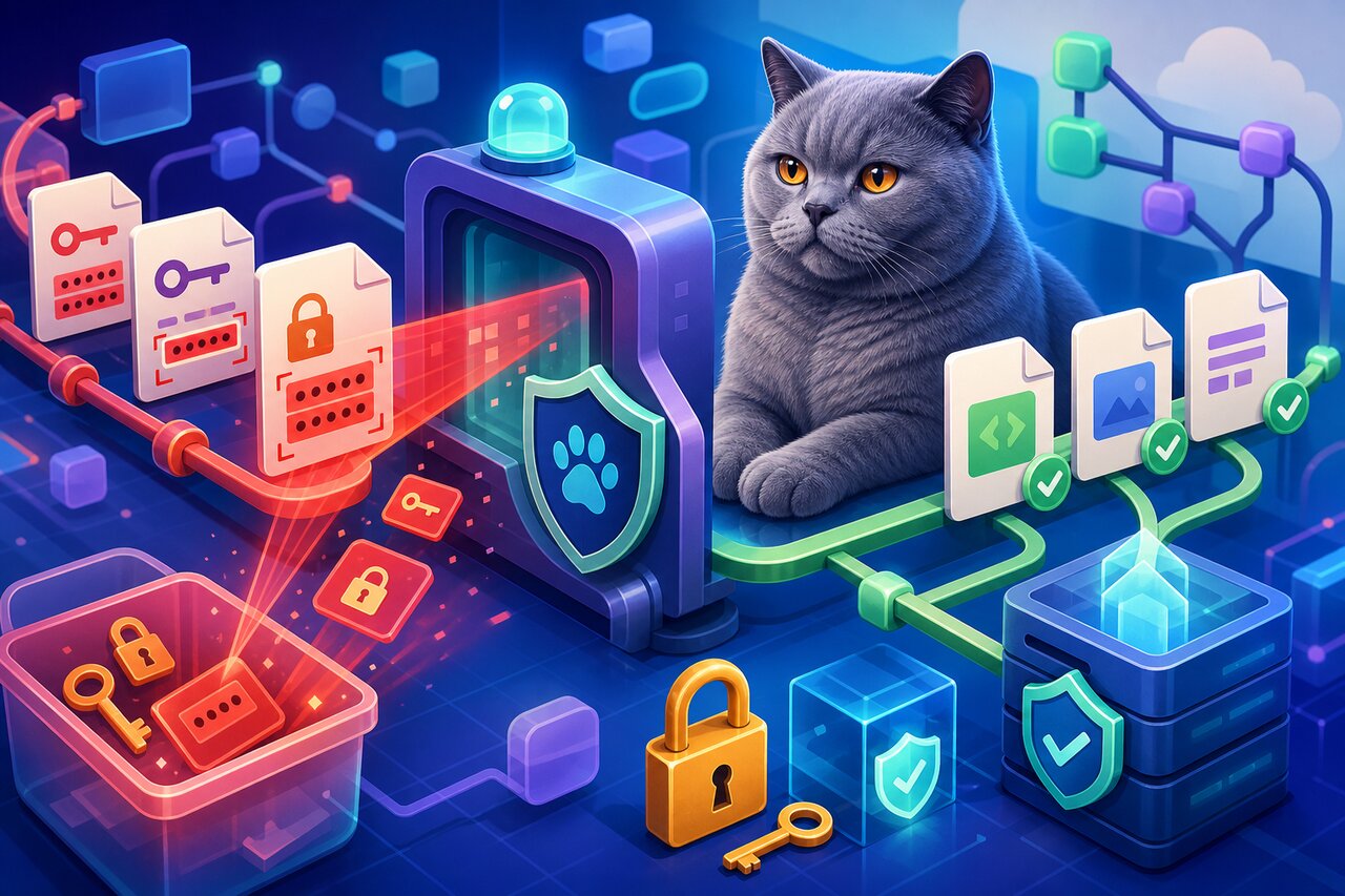 A terminal showing a successful secret scan with a watchful gray-blue cat nearby.