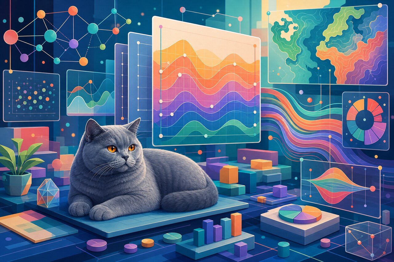 Floating glass panels showing a line chart, network graph, Sankey diagram, and world map in a warm study, with a gray cat watching from a windowsill.