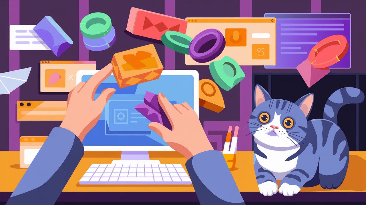 Colorful UI component workshop with floating, customizable elements and a watchful cat