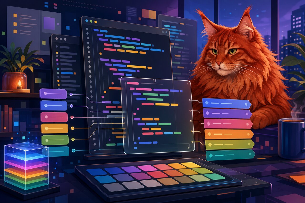 A monitor showing colorful syntax-highlighted code with a red Maine Coon cat resting on a nearby shelf.