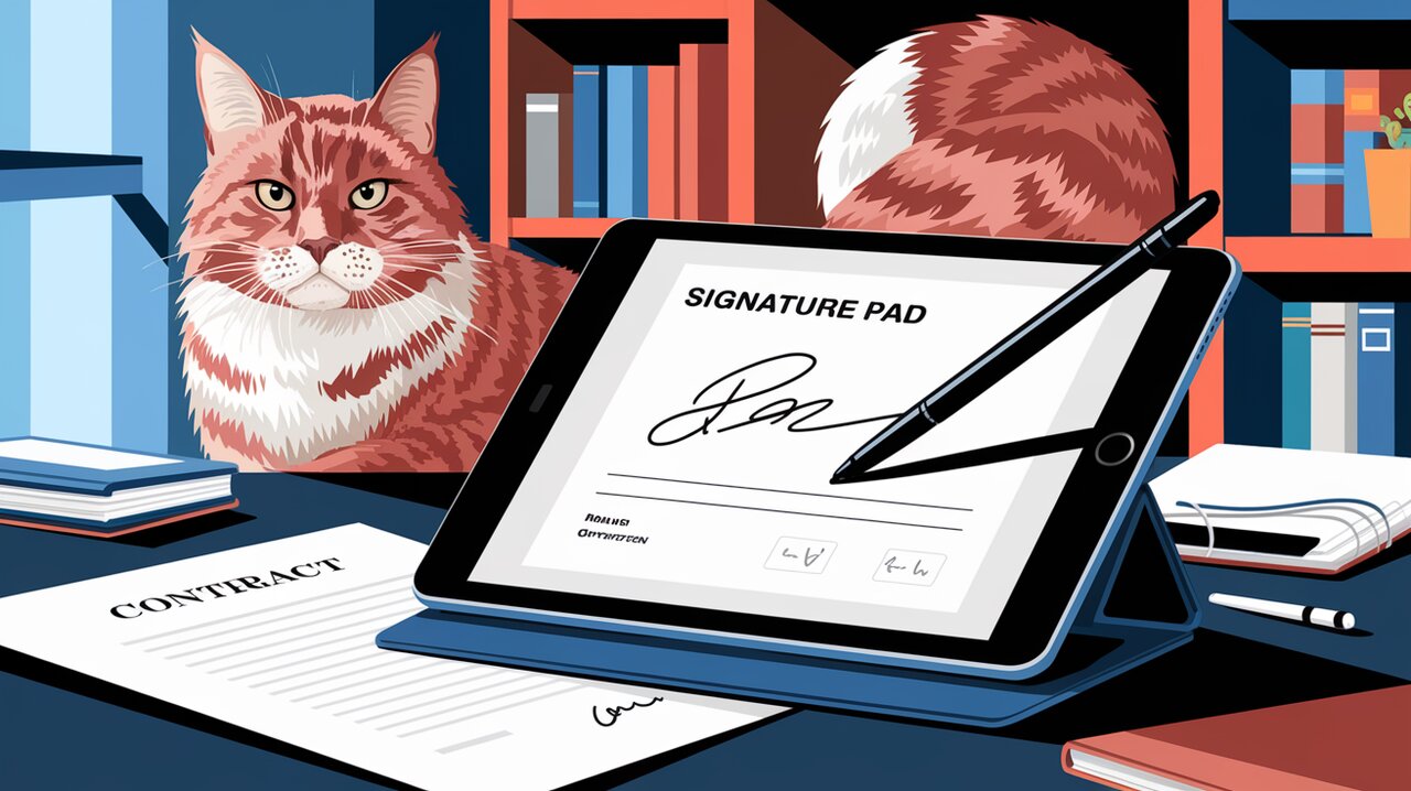 Digital signature pad on a tablet with office supplies