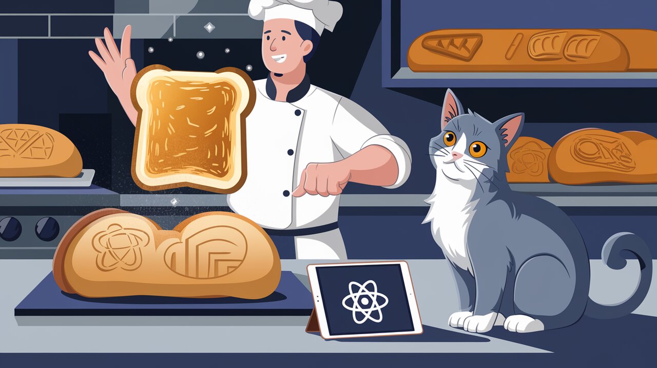 Chef flipping glowing toast in a UI-themed kitchen with a British shorthair cat watching