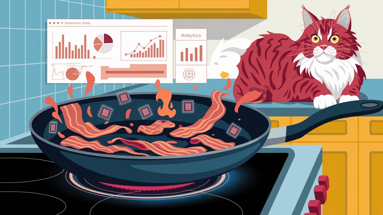 Redux Bacon concept: Frying pan with data chips and holographic analytics display