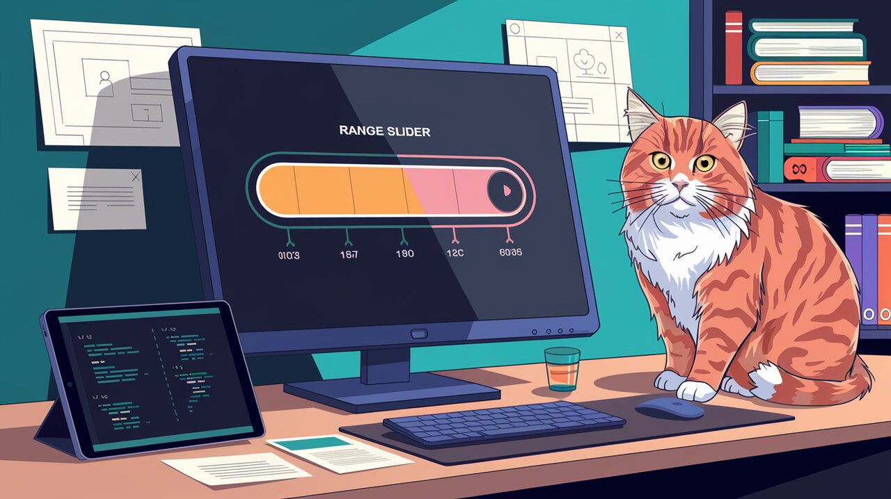 React range slider component displayed on a monitor with design sketches and a cat observing