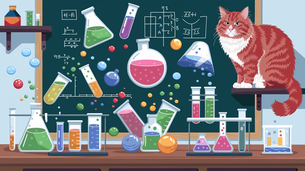 Magical sorting laboratory with floating objects and a cat observer