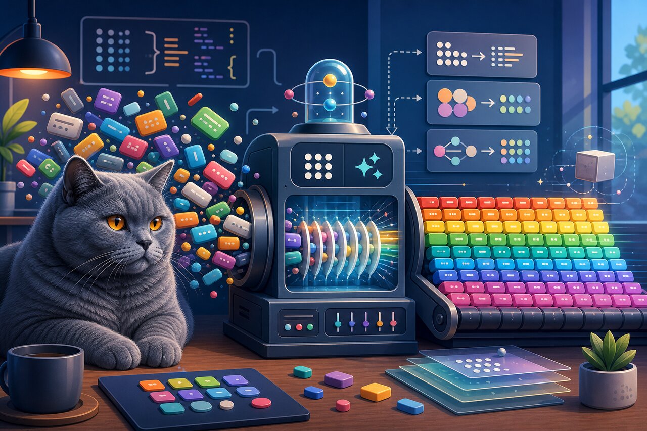 A tidy desk with a monitor showing neatly sorted code, a calm gray-blue cat resting in the background.