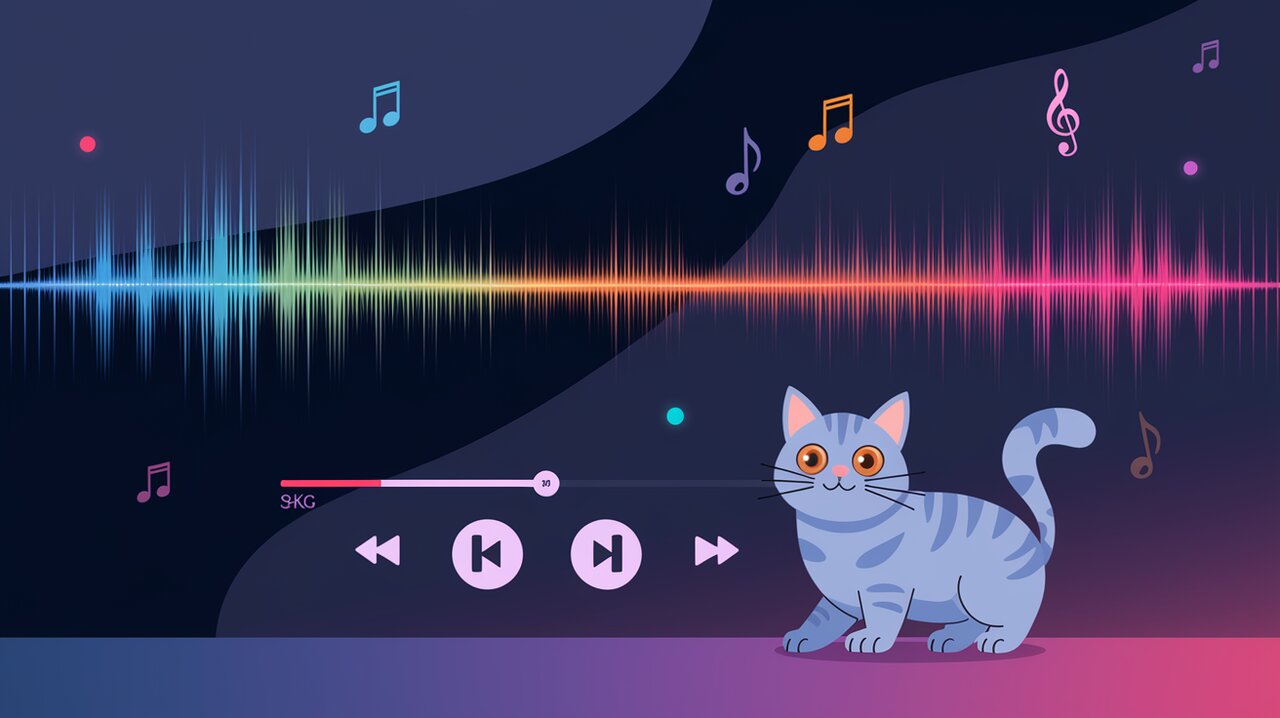 Stylized audio player interface with waveform and controls, accompanied by a British shorthair cat