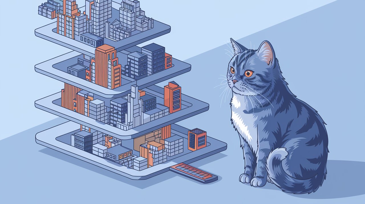 Animated cityscape responding to scroll with observing cat