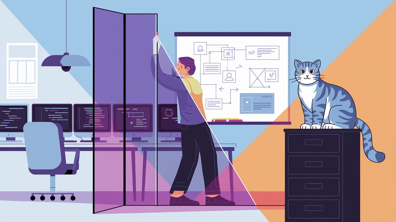 Split office space with adjustable glass partition, representing m-react-splitters functionality