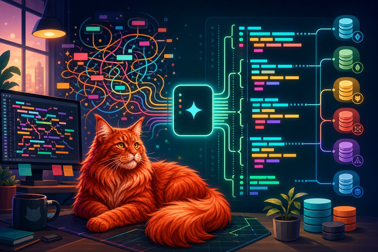 A messy SQL query becoming neatly formatted across two monitors, with a large red cat resting nearby.