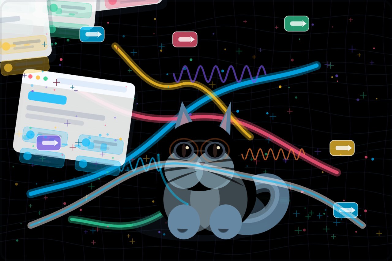 Framed pictures on a wall sliding and morphing into one another with motion trails, a phone showing a mid-transition app screen, and a gray-blue cat resting nearby.