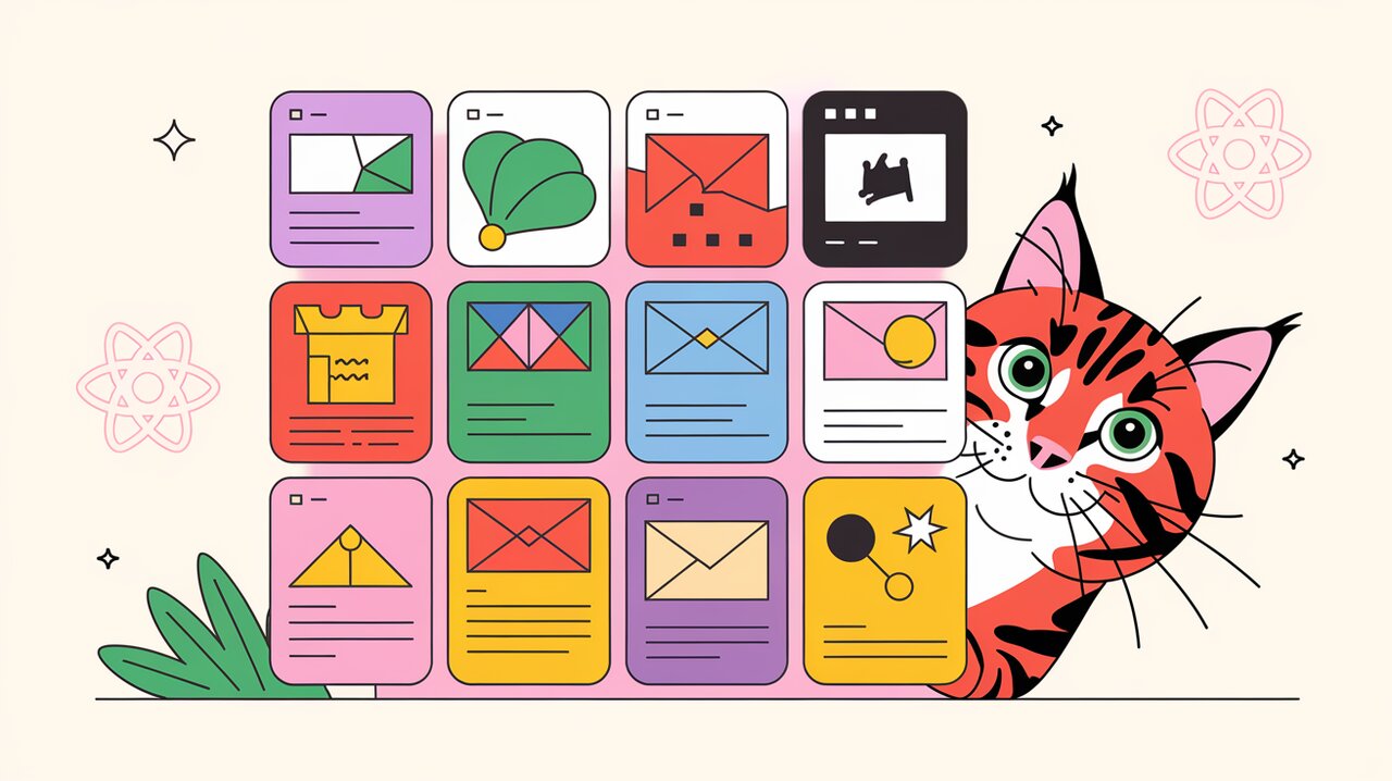 Pinterest-like grid layout with React components and a curious cat