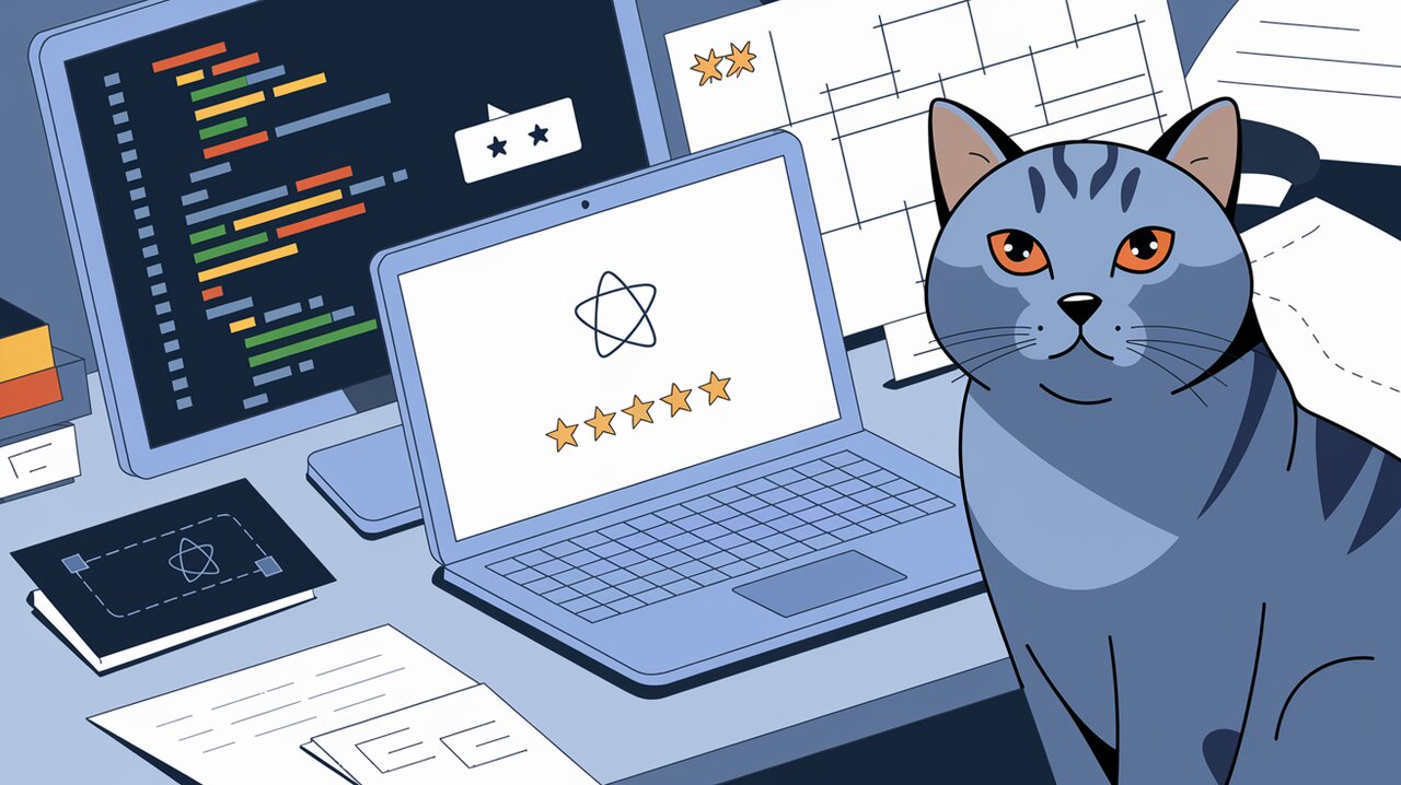 Laptop displaying star rating system with a British shorthair cat in the background.