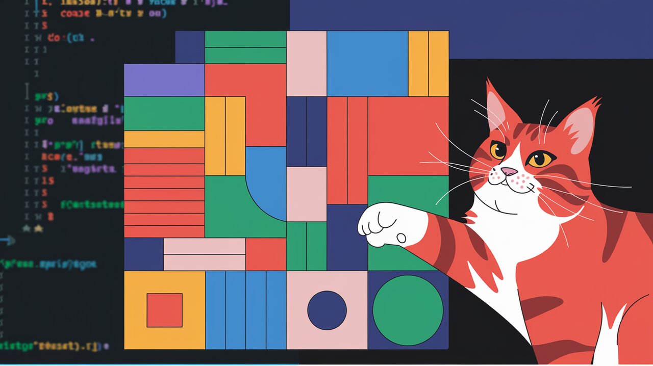 Animated grid layout with colorful elements and a playful cat