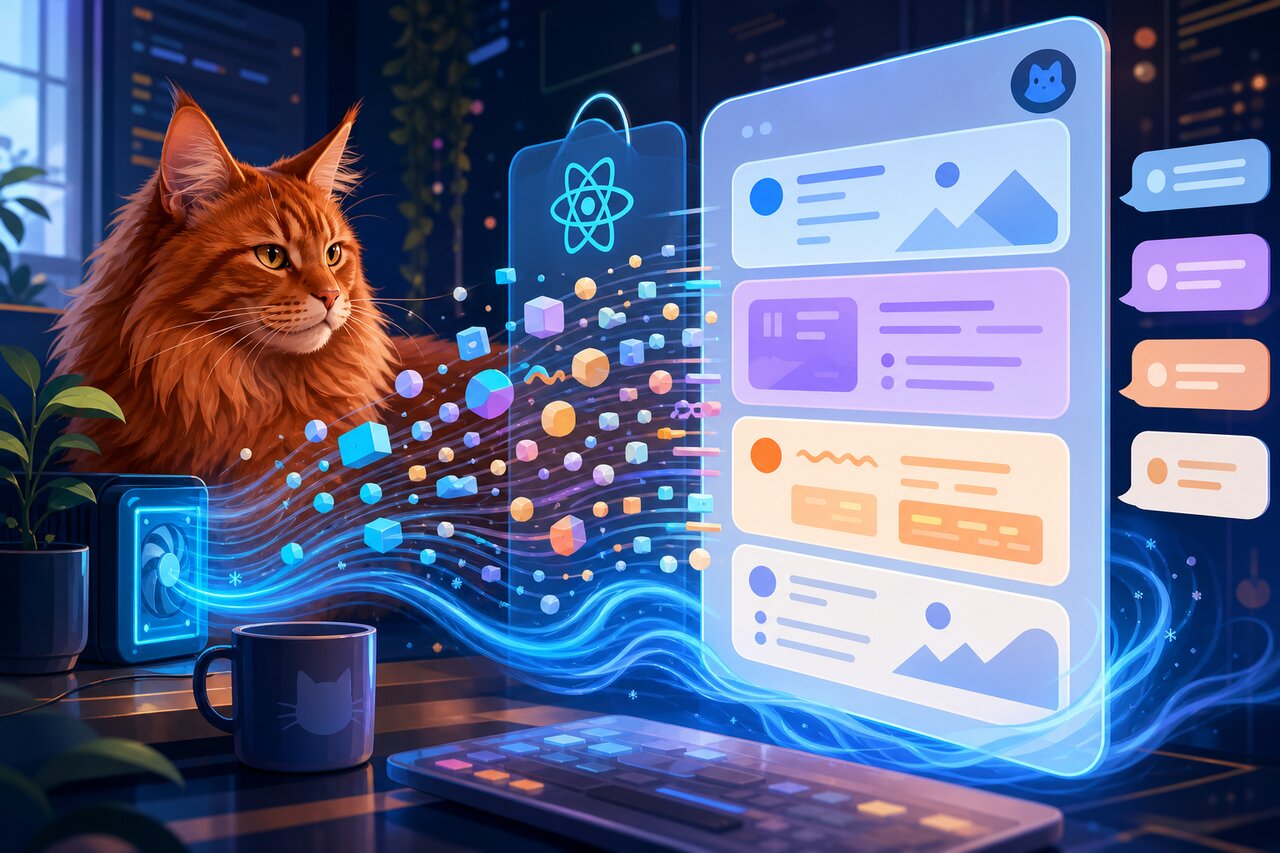 A chat UI rendering streaming markdown on a monitor with a large red Maine Coon cat resting nearby.