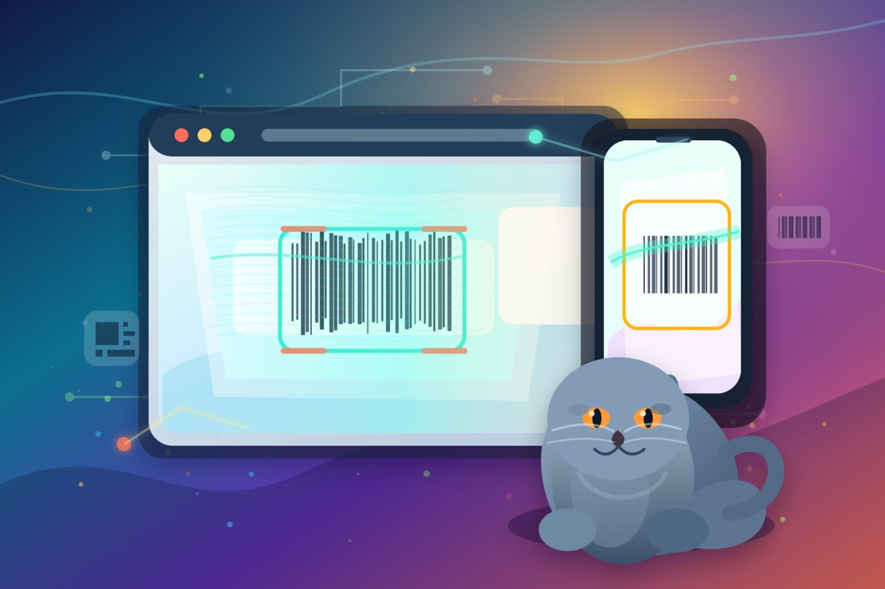 A smartphone scanning a barcode on a shipping box in a warehouse, with a gray-blue cat watching calmly from a nearby desk.