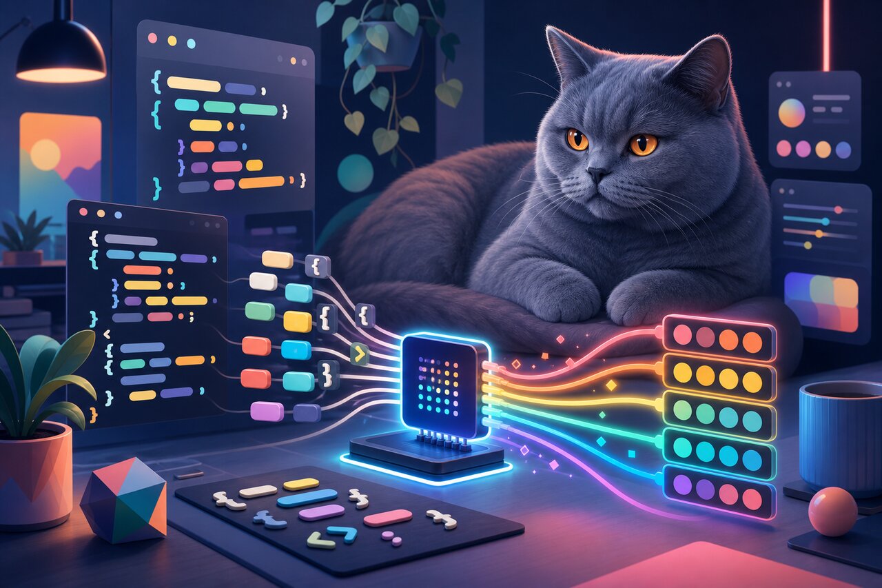 A monitor showing pastel-colored highlighted code with a gray-blue British shorthair cat watching from a windowsill.
