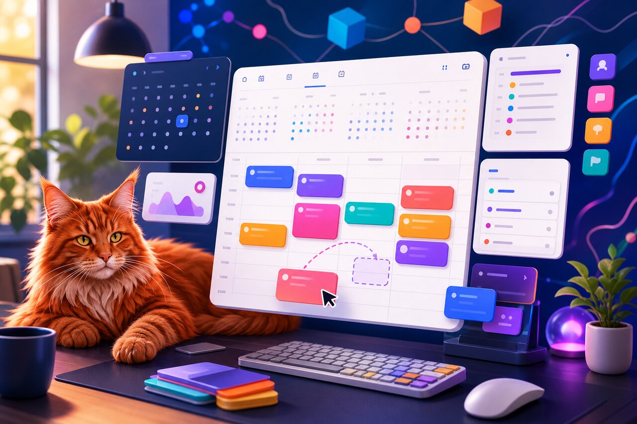 A week-view scheduling calendar on a monitor with a red Maine Coon cat resting nearby on the desk.