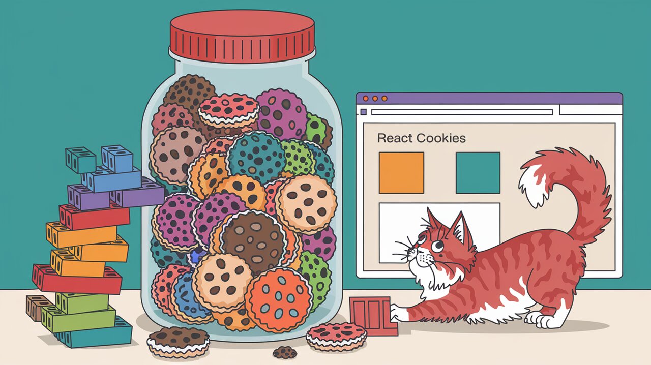 React components interacting with a giant cookie jar, symbolizing react-cookie library functionality