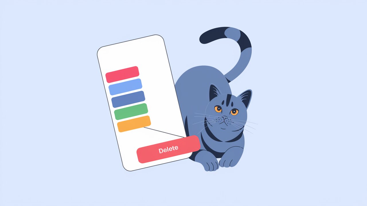 iOS-style swipe-to-delete interface with a cat observer