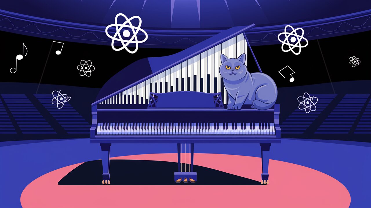 Concert hall with piano transforming into UI elements, React logos, and a British shorthair cat