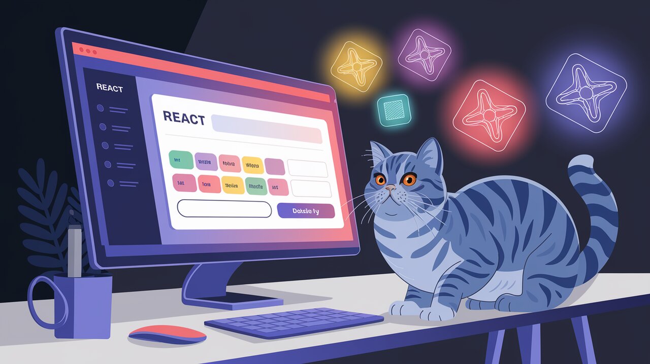 React Tagify input field with holographic tags and a British shorthair cat