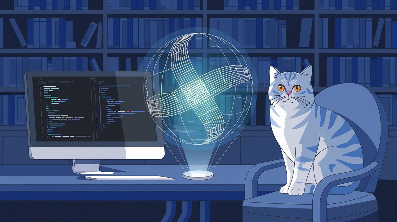 Organized office with holographic API request visualization and a British shorthair cat