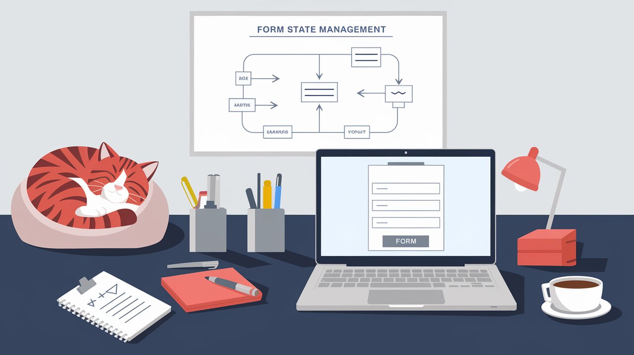 Minimalist office setup with laptop showing a simple form and form management flowchart on whiteboard