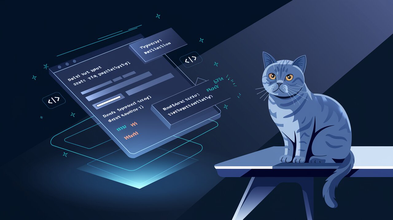 Futuristic form interface with TanStack Form code and a watchful cat