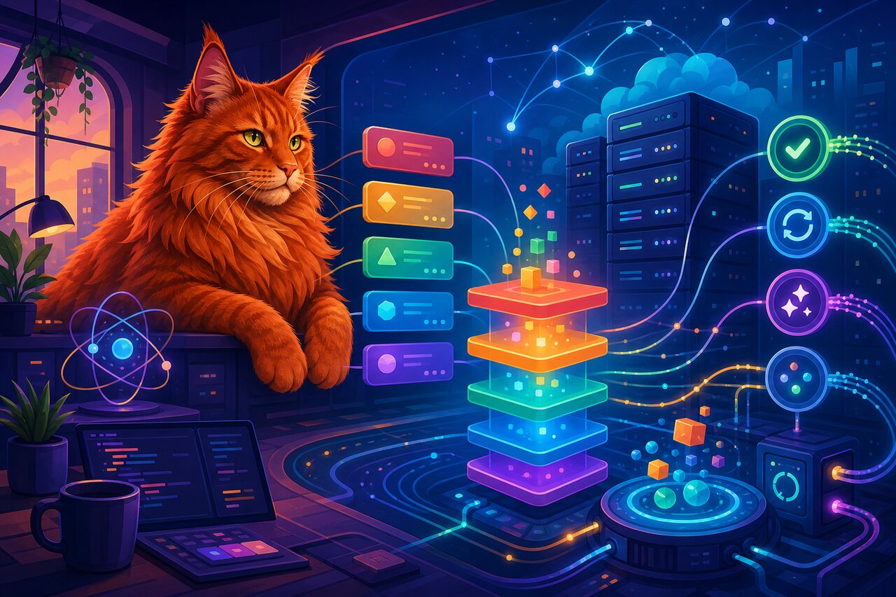 A dashboard of synchronized data cards with a relaxed red maine coon cat resting on a nearby shelf.