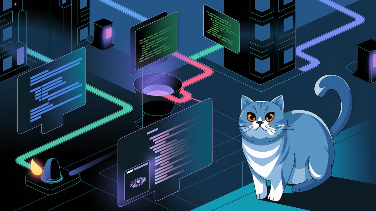 Futuristic routing visualization with TypeScript code and a British shorthair cat