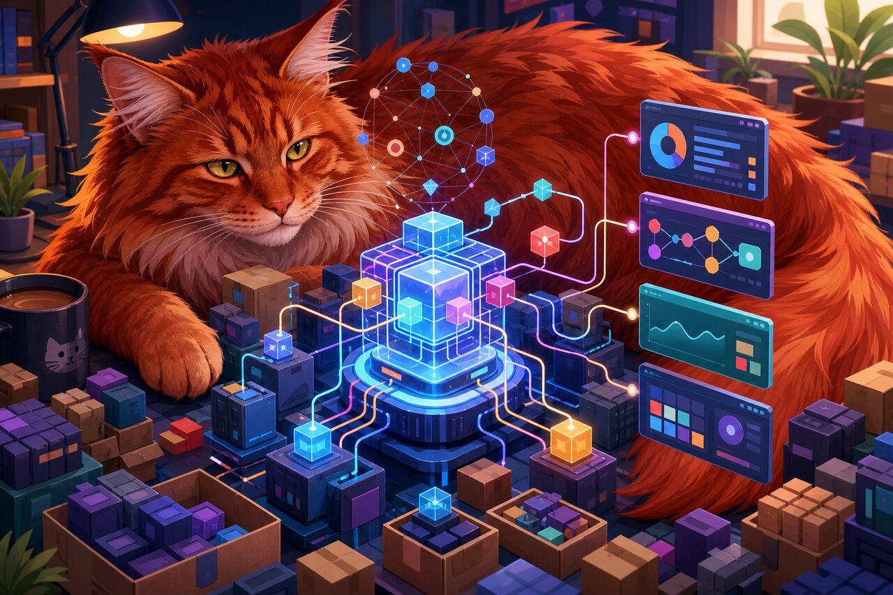 A glowing reactive state diagram on a developer's monitor with a large red Maine Coon cat resting on a shelf nearby.