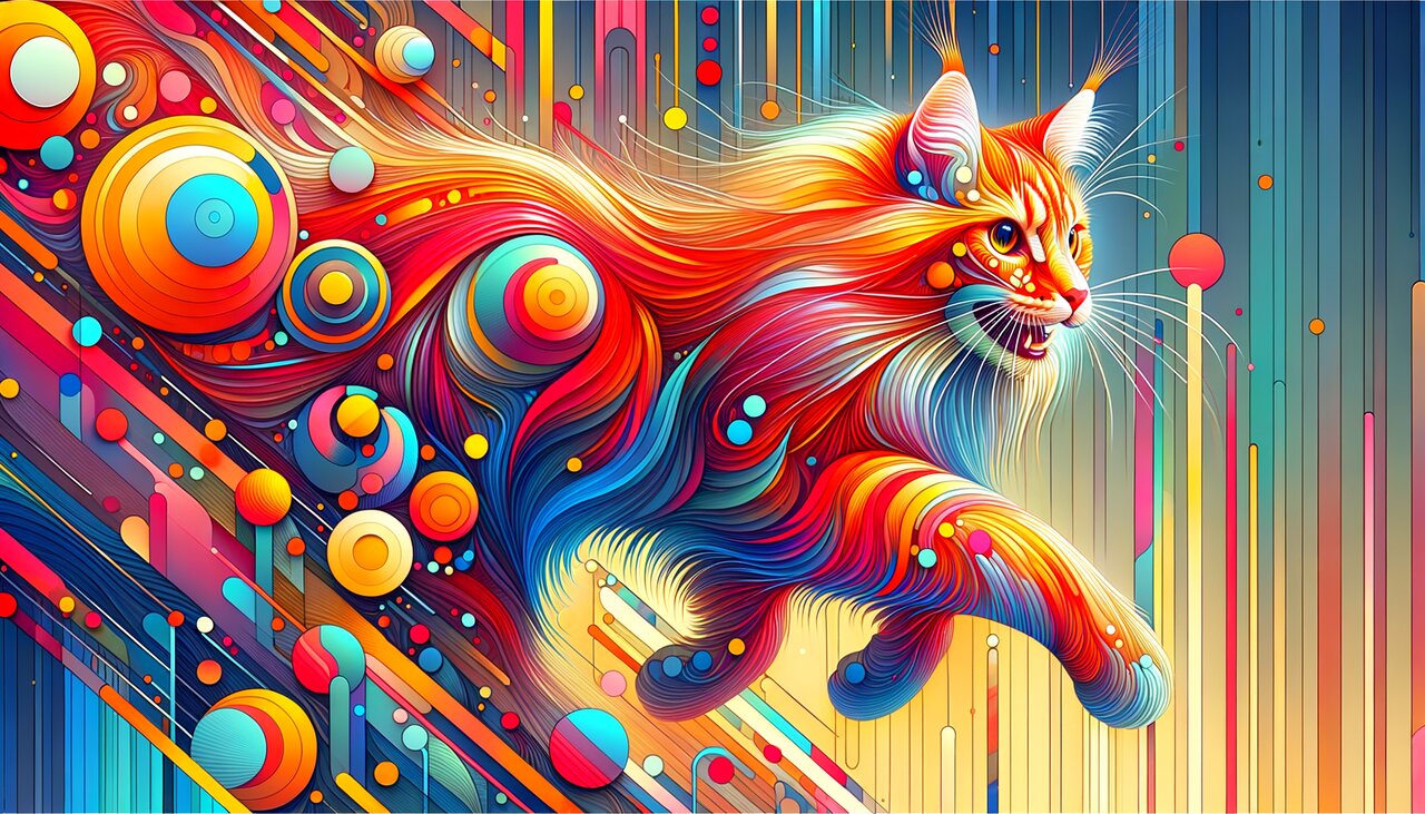 Art studio with a canvas showing a sharp-to-blurred gradient and a red cat on a stool