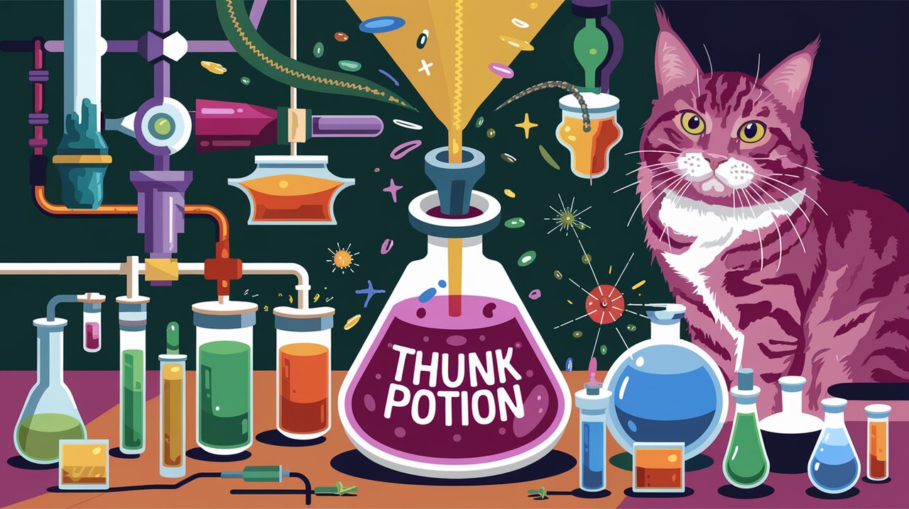 Whimsical Redux-Thunk laboratory with magical potions and a curious cat